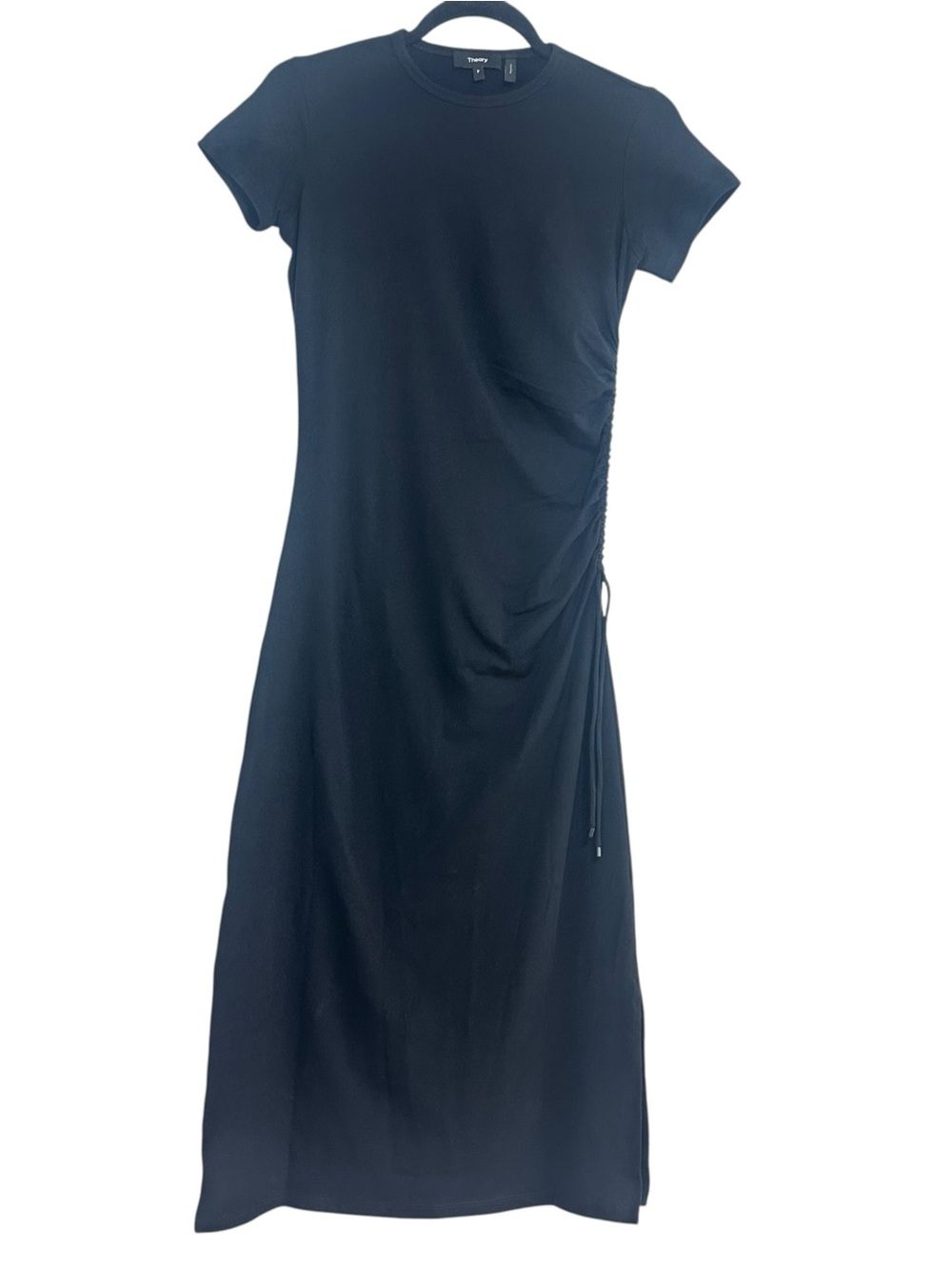 NEW Theory Black Short-Sleeve Ruched Midi Dress, Small